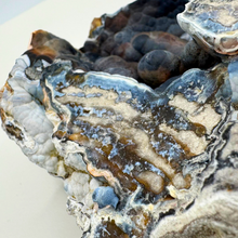 Load image into Gallery viewer, Close-up of the intricate black and blue bubbly textures on this unique agatized coral geode