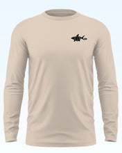 Load image into Gallery viewer, Beige, sand, or tan colored long-sleeve upf fishing style shirt with shark tooth and fin design of the SHRKco logo on a white background