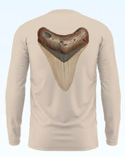 Load image into Gallery viewer, Tan, sand or Beige colored long-sleeve UPF fishing style hirt with a real Megalodon shark tooth fossil design on a white background
