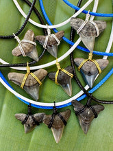 Load image into Gallery viewer, Classic Bull Shark Fossil necklace outer banks beach style handmade in Florida.  Great for spring break, vacations, and everyday life for any shark fan!  Always ethically found, fossilized and ancient. All recovered by digging, scuba diving and fossil hunting in prehistoric Florida oceans. 
