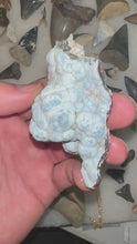 Load and play video in Gallery viewer, Close-up of a Baby Blue Botryoidal Agate Coral Geode – A unique agatized coral geode featuring soft baby blue hues and bubbly, botryoidal formations.
