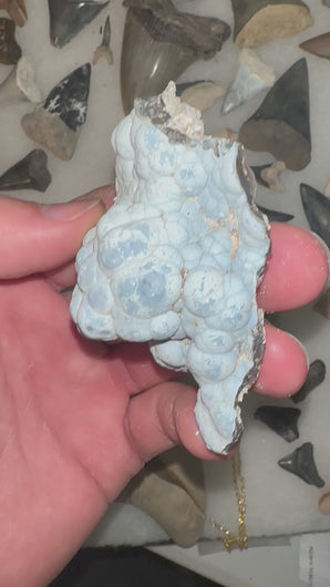 Close-up of a Baby Blue Botryoidal Agate Coral Geode – A unique agatized coral geode featuring soft baby blue hues and bubbly, botryoidal formations.